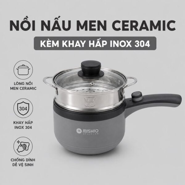 Nồi nấu đa năng Mishio MK321 | Dung tích 1.5L kèm xửng hấp inox 304