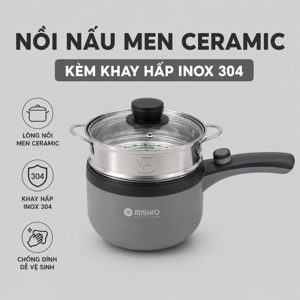 Nồi nấu đa năng Mishio MK321 | Dung tích 1.5L kèm xửng hấp inox 304