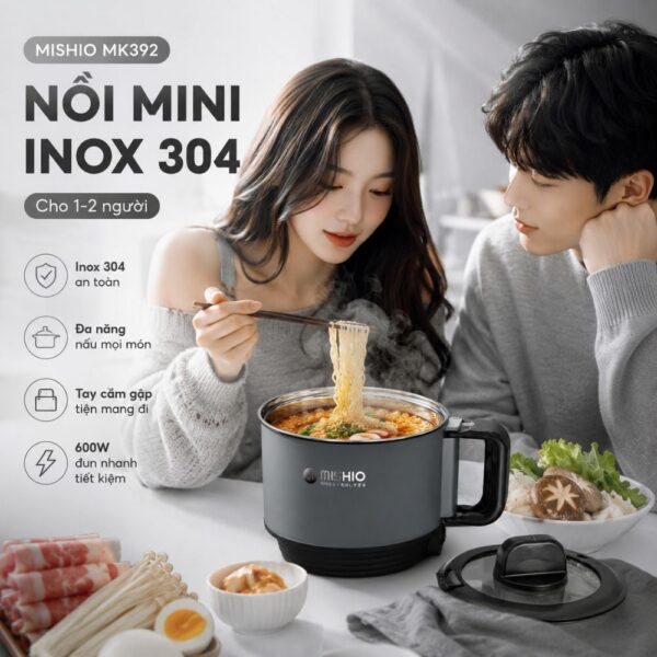 Nồi Lẩu Điện Mini 1.5L Mishio MK392 600W lòng nồi inox 304 không gỉ sét