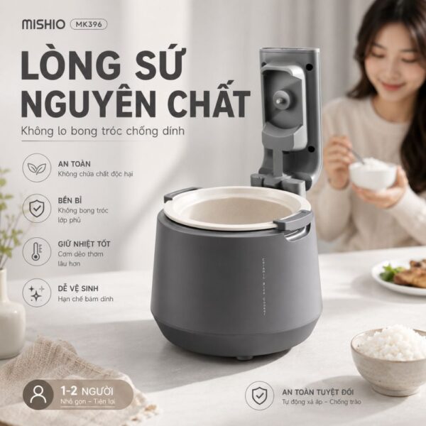 Nồi Cơm Điện Áp Suất Lòng Sứ Dưỡng Sinh Mishio MK396 dung tích 0.8L cho 1-2 người – Bí Quyết Cho Cơm Gạo Lứt
