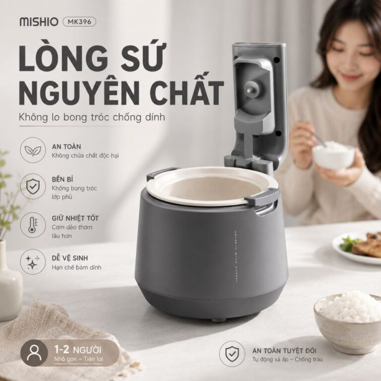 Nồi Cơm Điện Áp Suất Lòng Sứ Dưỡng Sinh Mishio MK396 dung tích 0.8L cho 1-2 người – Bí Quyết Cho Cơm Gạo Lứt
