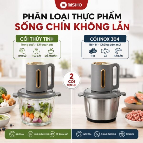 Máy Xay Thực Phẩm Đa Năng Mishio MK444 (2.0L) - Cối Thủy Tinh tặng cối Inox 304 Phân Loại Thực Phẩm Sống Chín