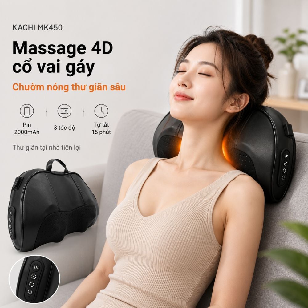 Gối Massage Cổ Vai Gáy Kachi MK450 – Công Nghệ Massage 4D Chườm Nóng