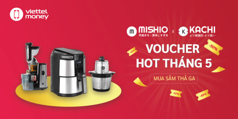 Banner phiếu quà tặng điện tử Mishio Kachi trên Viettel Money tháng 5 năm 2023