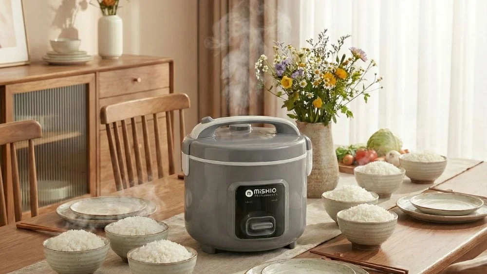 Nồi cơm Mishio trong bối cảnh bàn ăn, ảnh danh mục MK410 trên website hãng