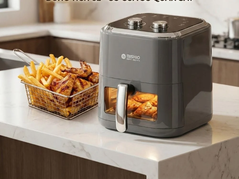 Nồi chiên Mishio MK408 trên mặt bếp, ảnh từ danh mục sản phẩm hãng