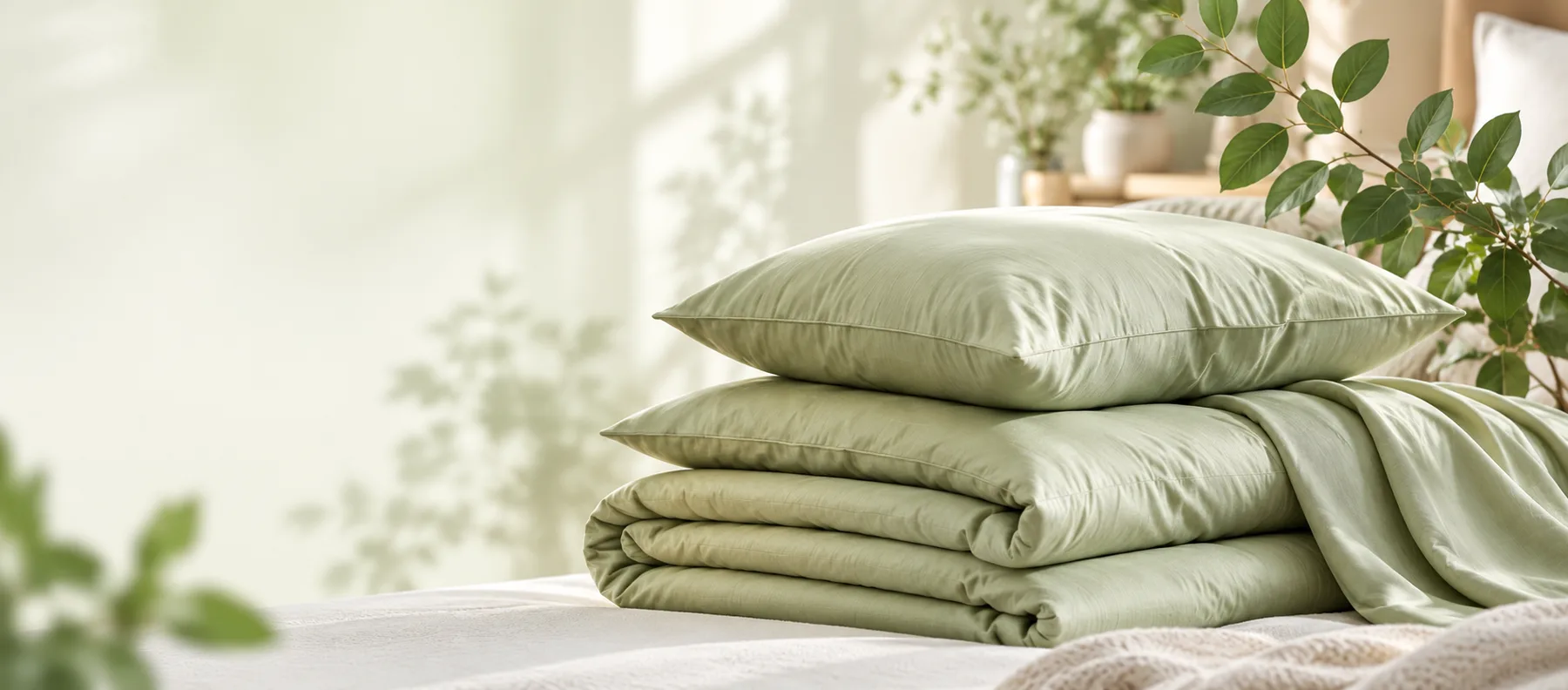 Minh họa chăn và gối màu xanh nhạt xếp trên giường