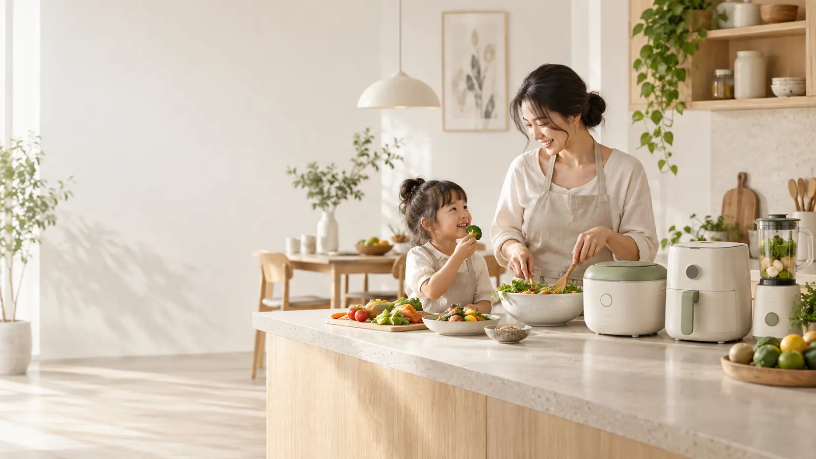 Mẹ và bé chuẩn bị bữa ăn lành mạnh cùng thiết bị Mishio