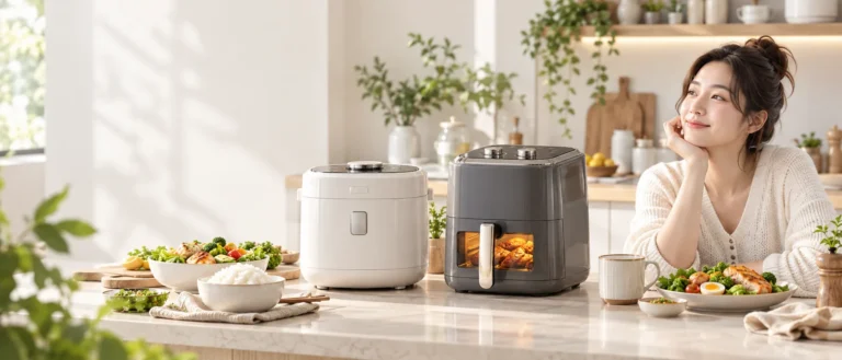 Không gian bếp sáng với nồi cơm Mishio, nồi chiên và người phụ nữ tận hưởng lối sống lành mạnh