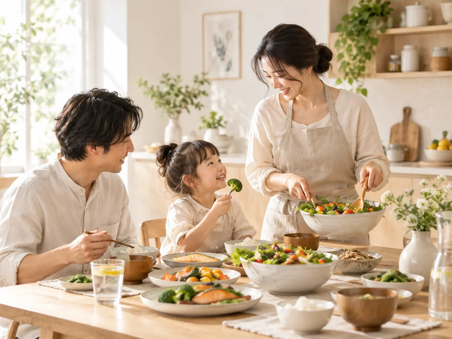 Gia đình cùng dùng bữa bên bàn ăn có nhiều món.