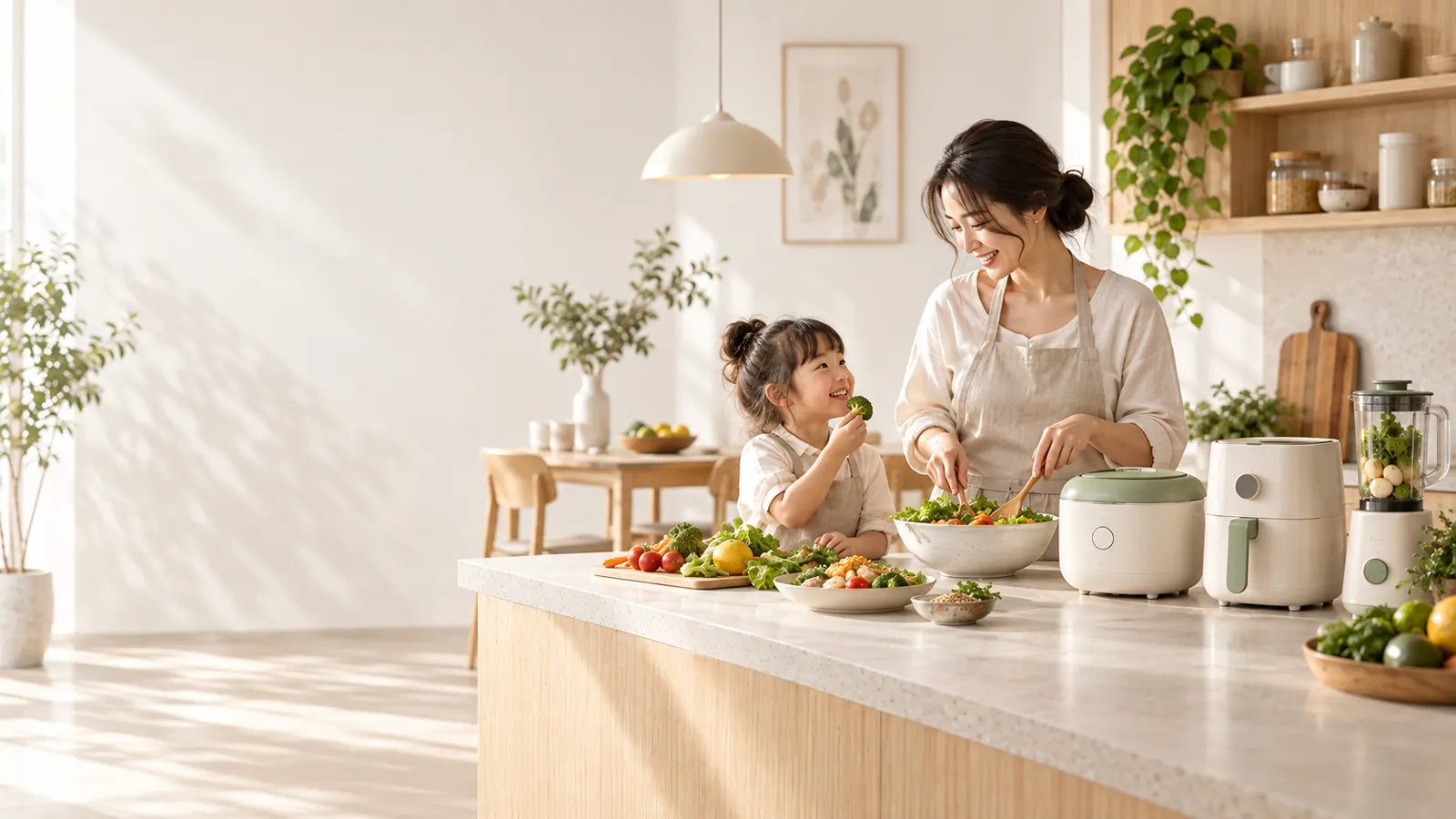 Người lớn và trẻ nhỏ cùng chuẩn bị nguyên liệu trong bếp.