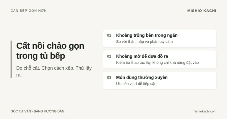 Bảng hướng dẫn cất nồi chảo gọn trong tủ bếp: Khoảng trống bên trong ngăn; Khoảng mở để đưa đồ ra; Món dùng thường xuyên.