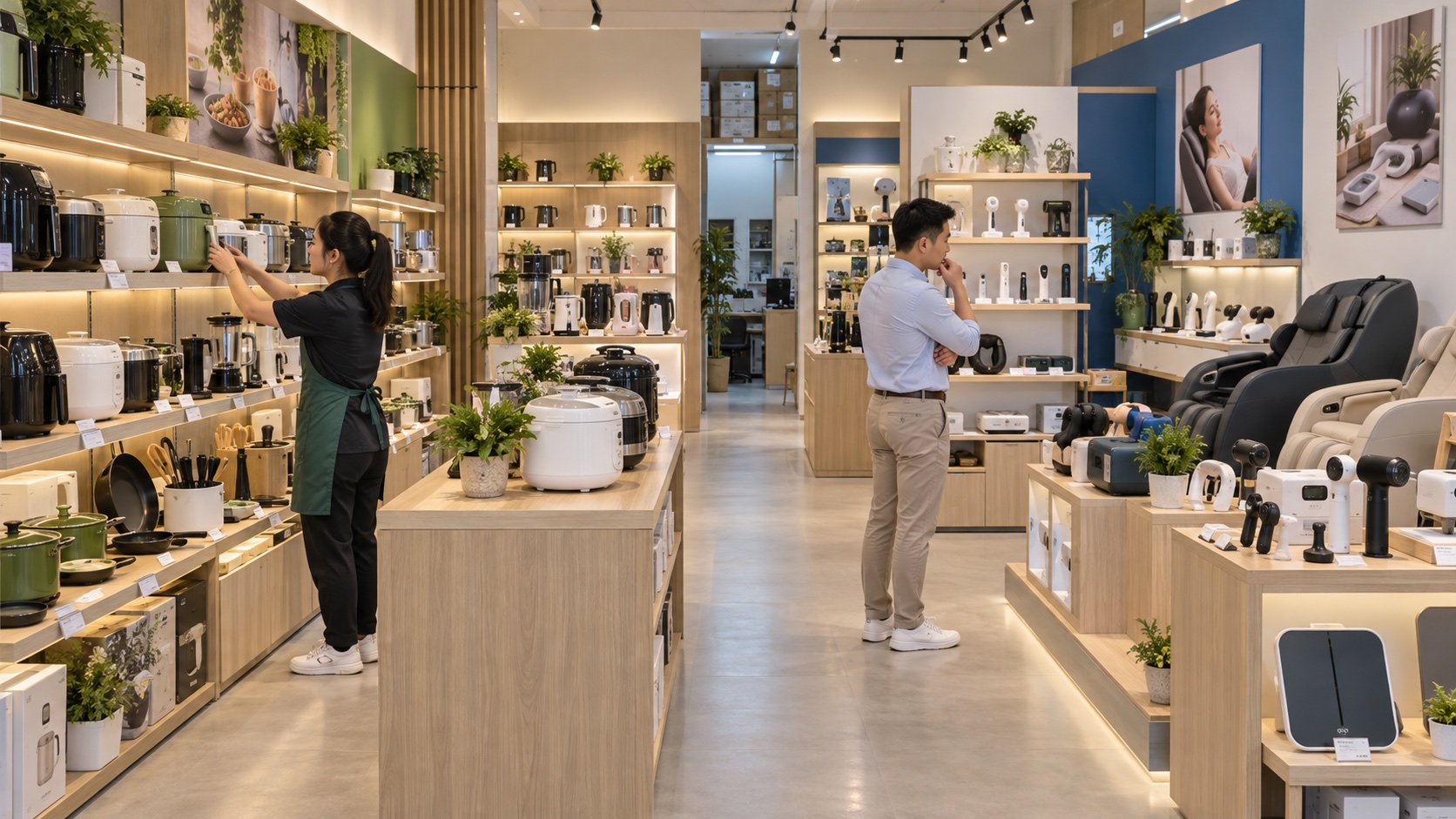 Phối cảnh minh họa cửa hàng đối tác đồ gia dụng Mishio Kachi với khu Mishio xanh lá và Kachi xanh nước biển