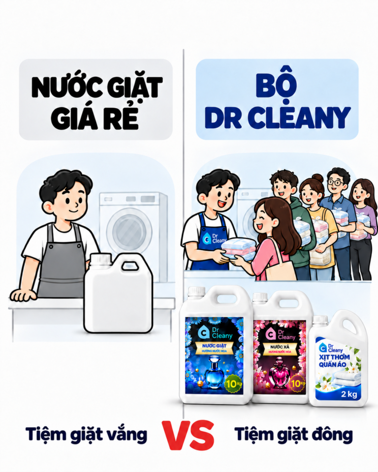 Tình huống minh họa bằng AI cho quảng cáo Dr Cleany: tiệm giặt vắng và tiệm giặt đông.