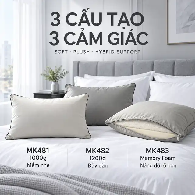 Ruột gối Kachi MK481 1000g, MK482 1200g và MK483 Memory Foam – ba cấu tạo, ba hướng cảm giác